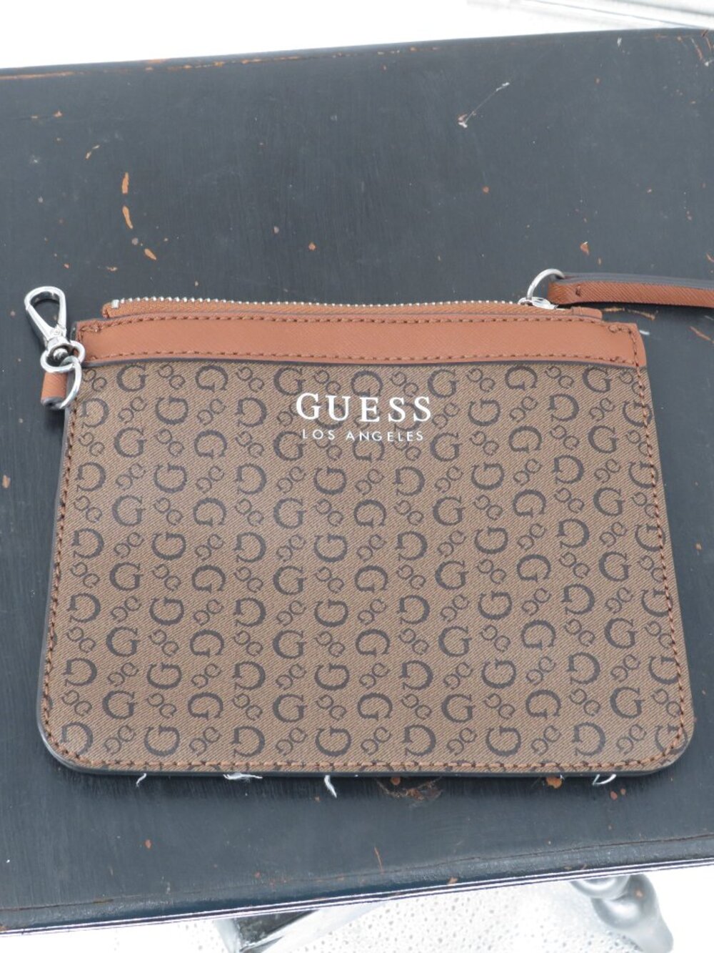 GUESS Monogram Zip Pouch Brown Tan Small OS Mini Clutch Wallet Handbag Organizer